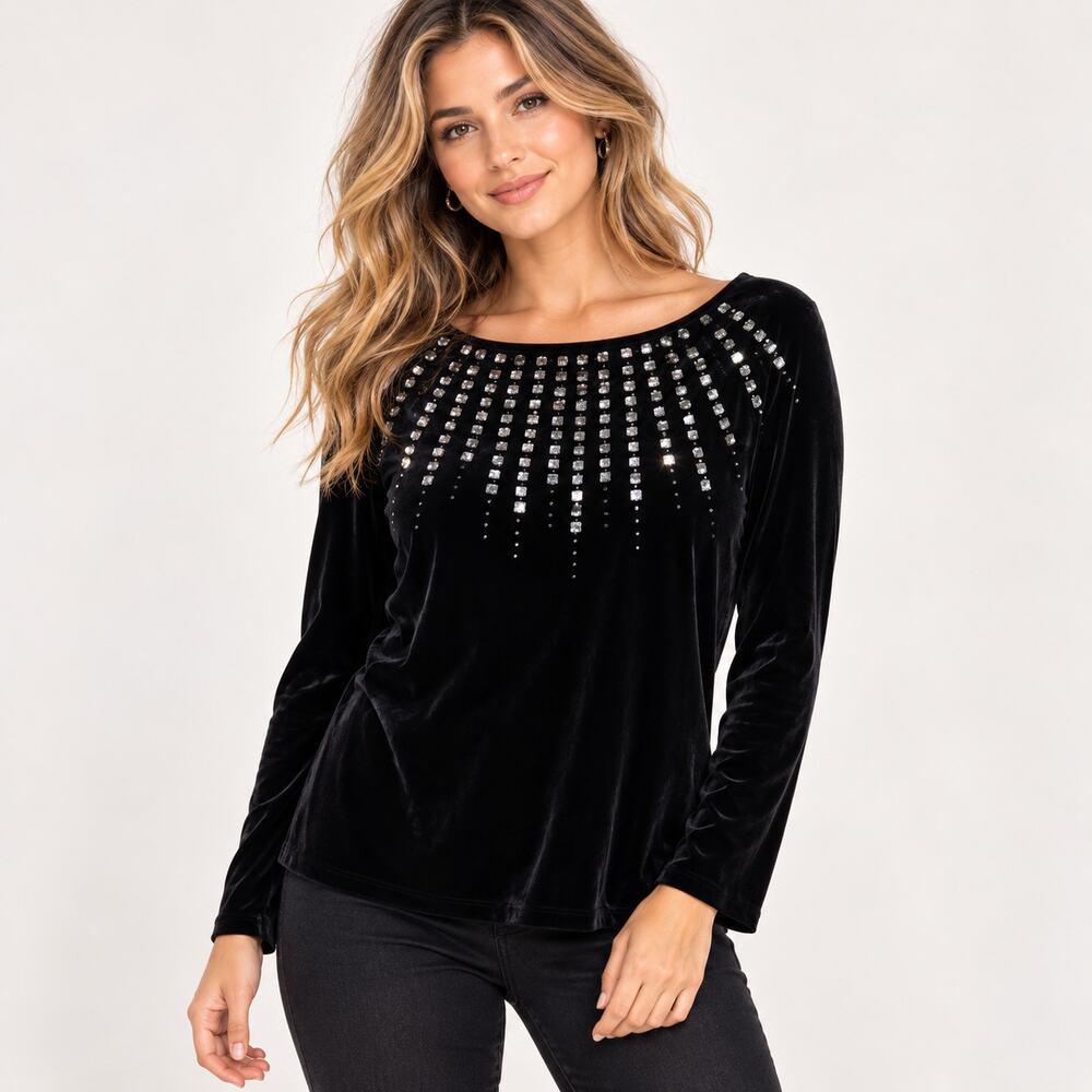 Willi Smith Velvet Top Women's Size XL Sequins Black Y2k Elegant Party Festive